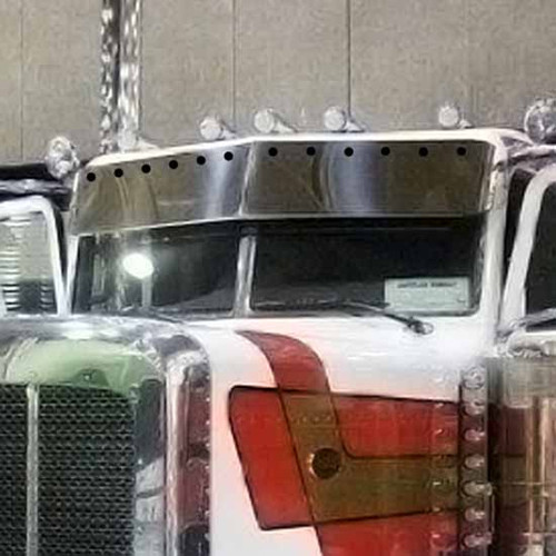 12 Inch Stainless Steel Slammed Drop Visor W/ 12- 3/4 Inch Light Holes By 12 Gauge Customs Fits Peterbilt 378, 379, 388 & 389