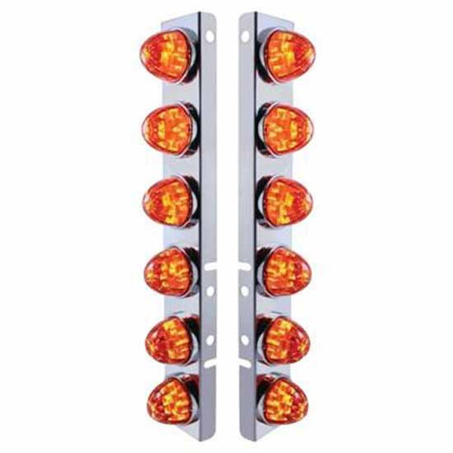 Ss Front Air Cleaner Bracket W/ 12X 17 LED Watermelon Lights & Bezels - Amber Led/ Dark Amber Lens - Pair For Peterbilt 378, 379