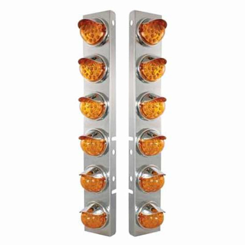 Ss Front Air Cleaner Bracket W/ 12X 17 LED Reflector Lights & SS Visors - Amber Led/ Amber Lens - Pair For Peterbilt 378, 379
