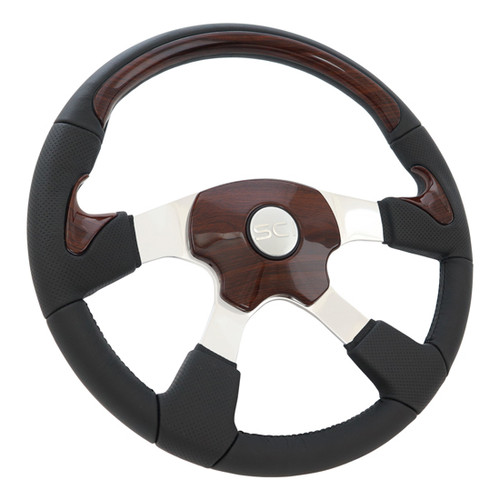 18 Inch Matte Mahogany Wood Steering Wheel With Mahogany Leather Spats W/ Aluminum 4- Spoke, Mahogany Pad and Silver Horn Button