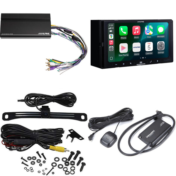 Alpine iLX-W770 7" Mechless Bluetooth Car Receiver Deck Deluxe Package with KTA-450 4-Channel Amplifier, Sirius XM SXV300 Tuner, and Backup Camera. Android Audio and iPhone Apple Car Play Integration