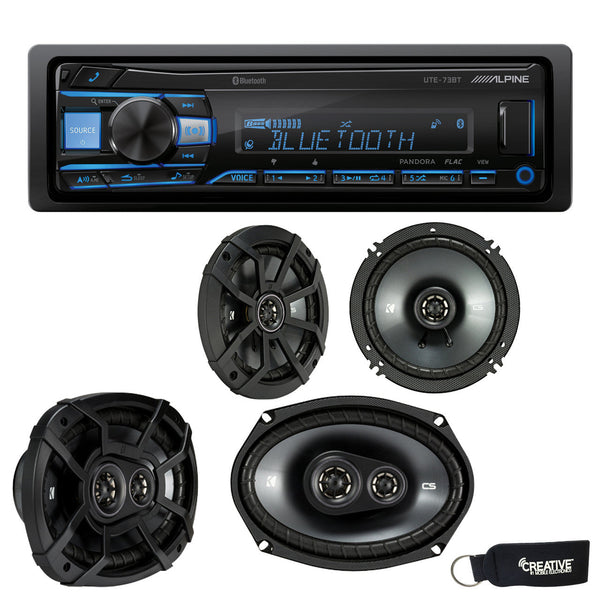 Alpine UTE-73BT Bluetooth Receiver (No CD), a Pair of 43CSC654 6.5" Speakers, and 43CSC6934 6x9" Speakers