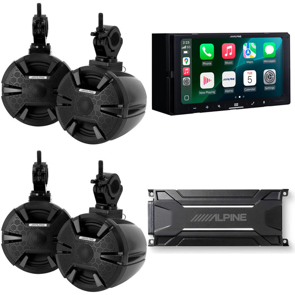 Alpine iLX-W770 Receiver w/ (2) SPV-65RGB-CAN 6.5" Cage-Mounted Universal Weather-Resistant Coaxial RGB LED Speaker Pods & KTA-30FW Amp