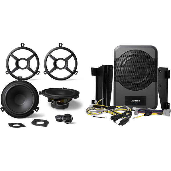 Alpine SPV-65X-WRA Front or Rear JK Speaker Upgrade Kit & PWE-S8-WRA 8" Compact Powered Subwoofer System for 2011-Up 4-door Jeep Wrangler