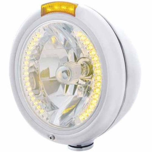 Chrome Classic PB Style Headlight W/ H4 Halogen Bulb, 34 Amber LED Position Light, Amber Turn Signal Light