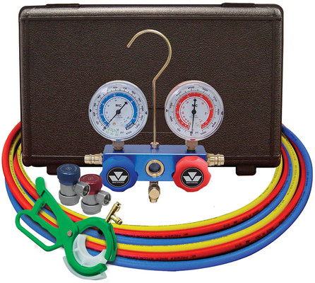 Mastercool 98661-PRO Blue R134a and R12 Dual Manifold Gauge Set with 2 Sets 60" Hoses, Manual Couplers & Tap - USA Made